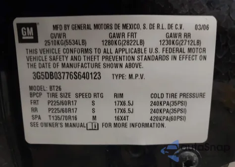 2006 Buick Rendezvous Cx из США, поврежденный, VIN 3G5DB03776S640123